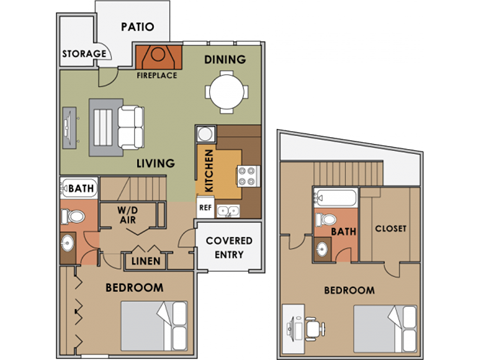Floor plan for 2 beds, 2 baths, 1278 sqft
